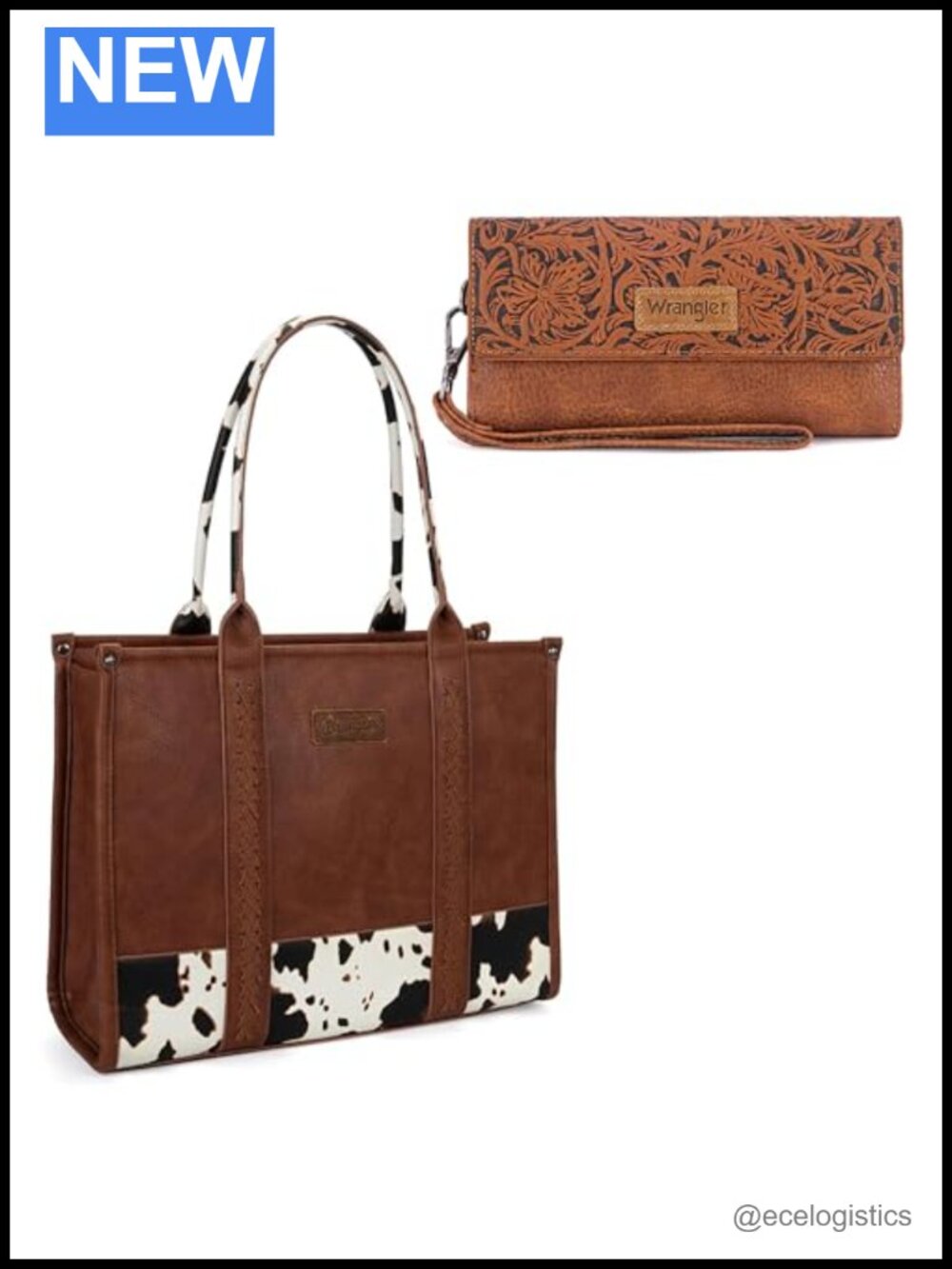 Vegan Leather Cow Print Satchel Tote with RFID Wristlet Wallet - Picture 1 of 6